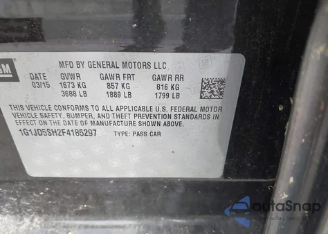 2015 Chevrolet Sonic Lt Manual z USA, uszkodzony, nr VIN 1G1JD5SH2F4185297